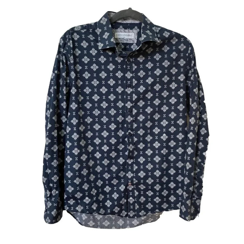 John Lennon Button Up Blue Geometric Shirt Mens Small